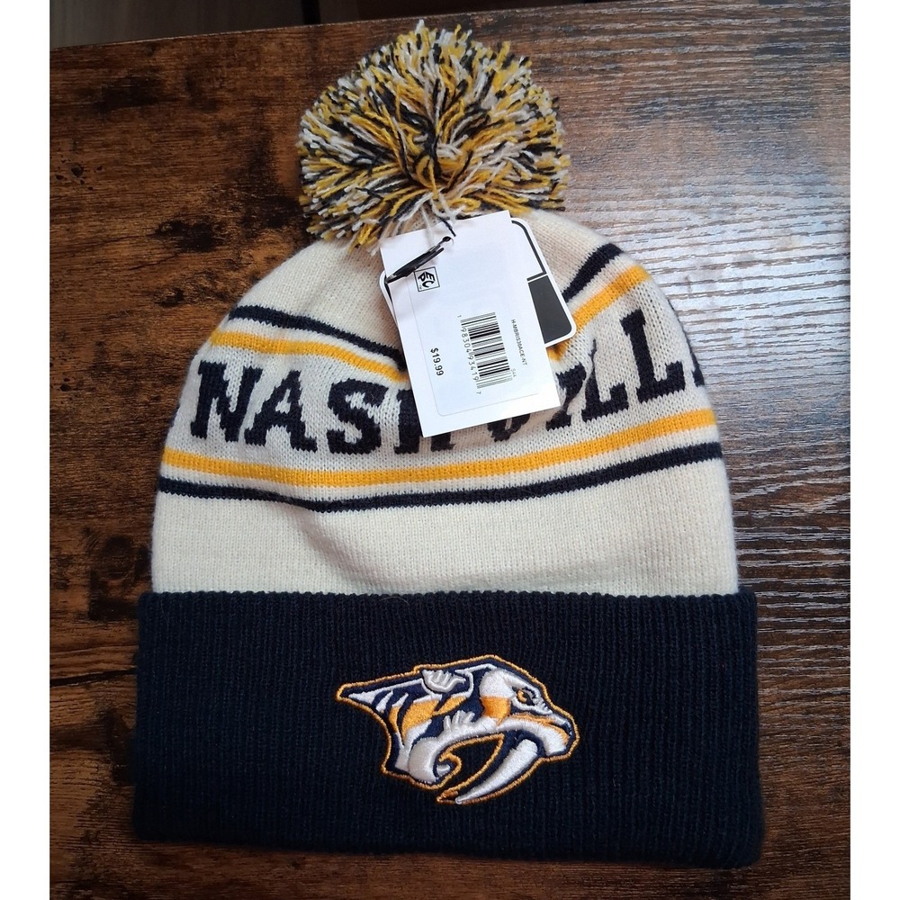 Fan Favorite Nashville Predators NHL Knit Cuffed Pom Beanie Hat Navy Gold White